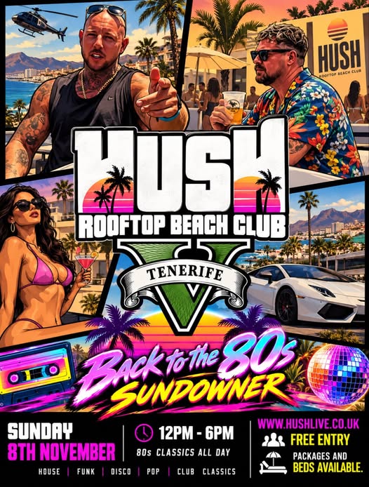Back to the 80s Sundowner à HUSH Rooftop Beach Club, Fañabé – affiche d'événement à Tenerife