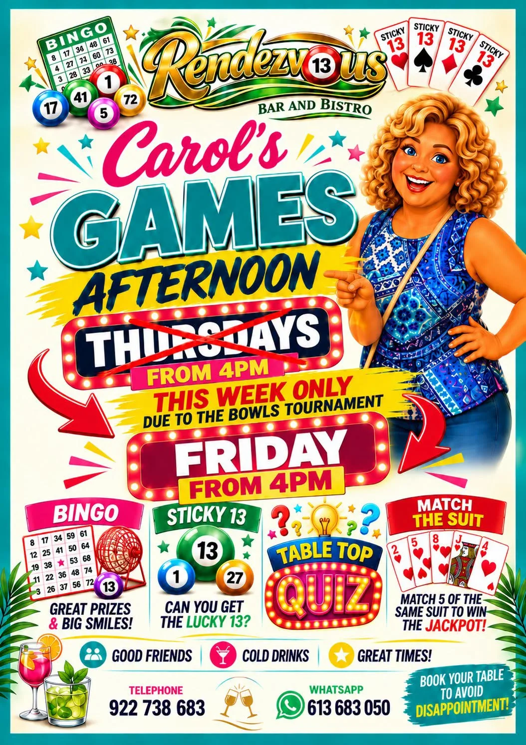 Carol's Games Afternoon im Rendezvous Bar & Bistro, Golf del Sur – Veranstaltungsplakat Teneriffa