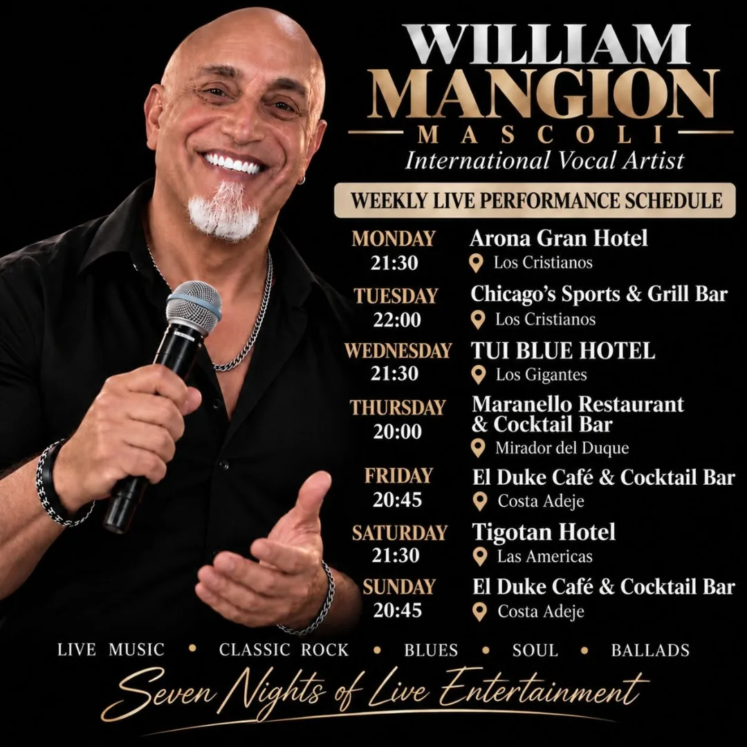 William Mangion Mascoli im El Duke Café & Cocktail Bar, Fañabé – Veranstaltungsplakat Teneriffa