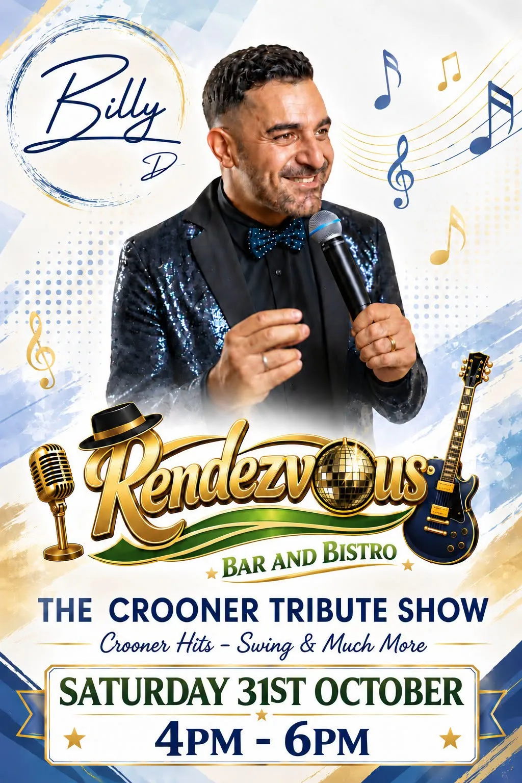 Billy D – The Crooner Tribute Show en Rendezvous Bar & Bistro, Golf del Sur: cartel del evento en Tenerife