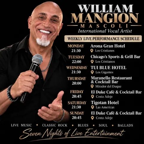 William Mangion Mascoli im El Duke Café & Cocktail Bar, Fañabé – Veranstaltungsplakat Teneriffa