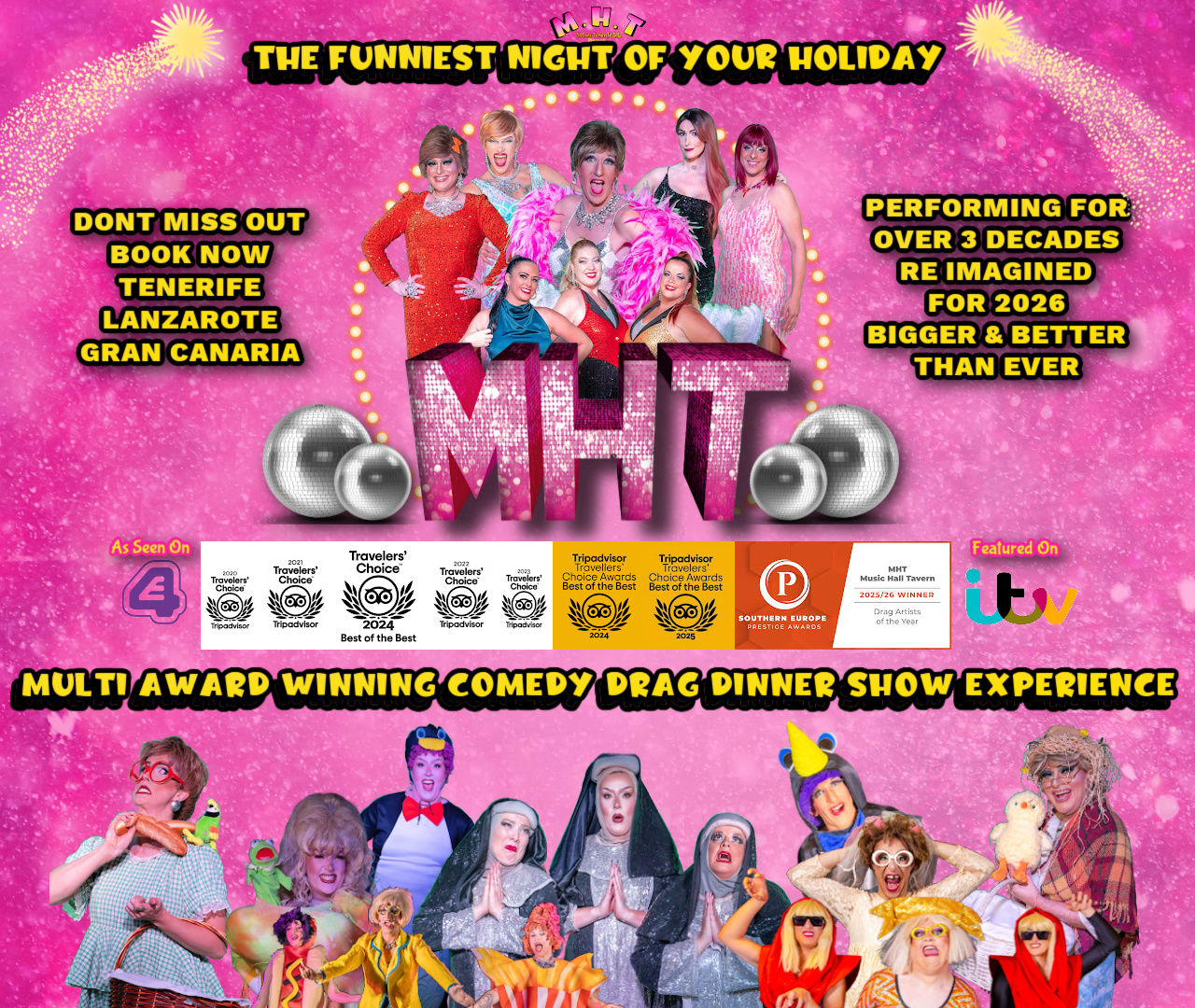 MHT Comedy Drag & Dinner Show al Music Hall Tavern, Playa de las Américas — locandina evento a Tenerife