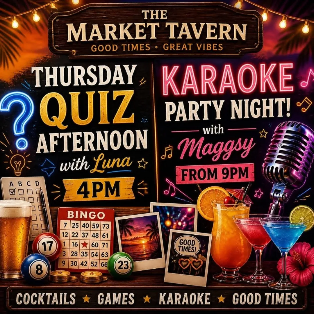 Thursday Quiz afternoon and Karaoke Party Night en The Market Tavern, Los Cristianos: cartel del evento en Tenerife